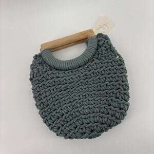 A New Day Blue Macrame Crochet Woven Mini Tote Bag with Wood Handles NWT